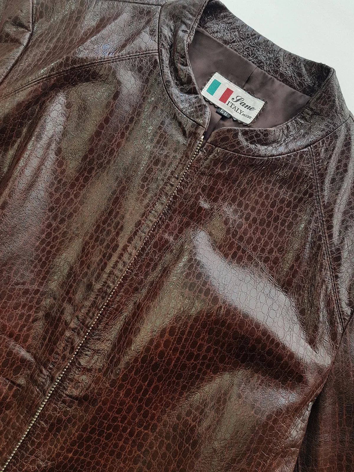 90s Vintage Italian 100% Genuine Leather Jacket -  Snakeskin print Rich Cognac Brown - zip front Motorcycle style with metal pop button collar