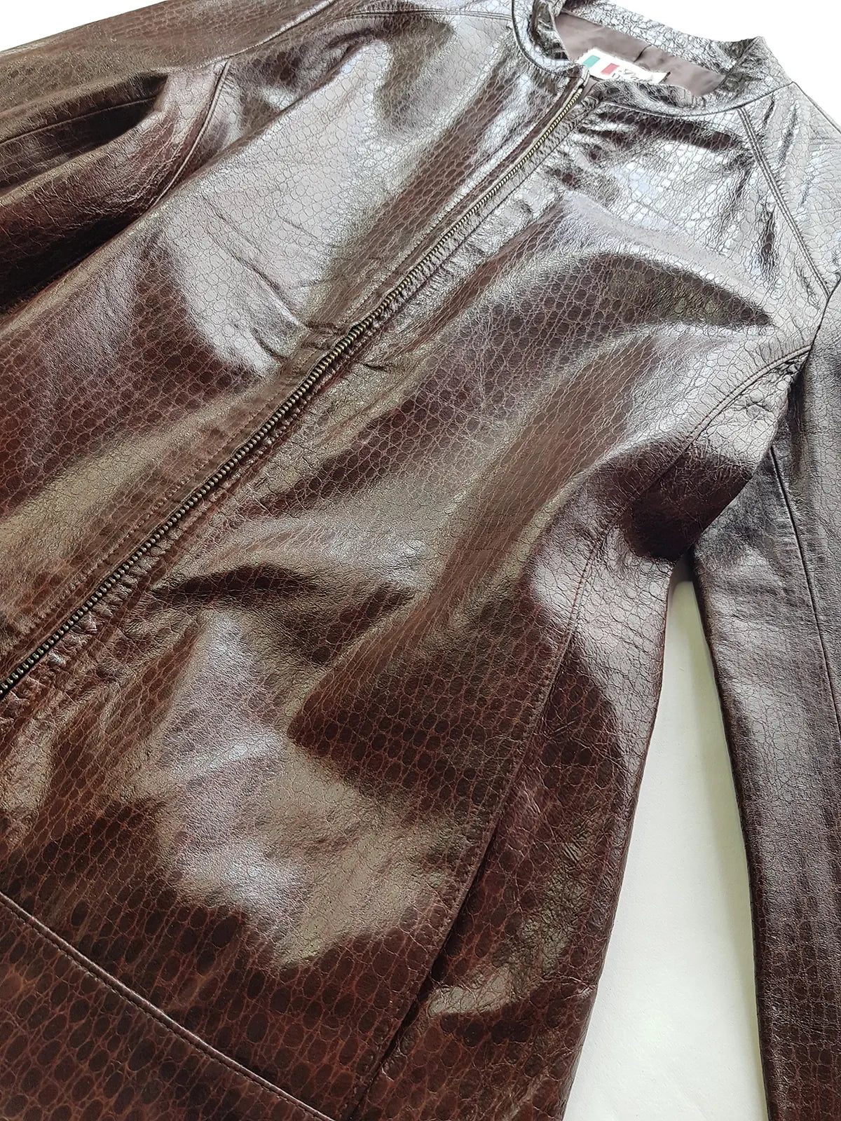 90s Vintage Italian 100% Genuine Leather Jacket -  Snakeskin print Rich Cognac Brown - zip front Motorcycle style with metal pop button collar