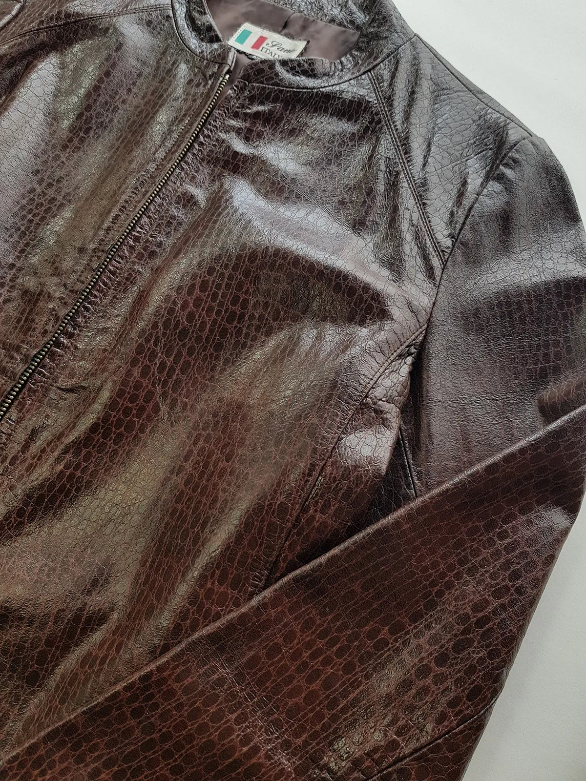 90s Vintage Italian 100% Genuine Leather Jacket -  Snakeskin print Rich Cognac Brown - zip front Motorcycle style with metal pop button collar