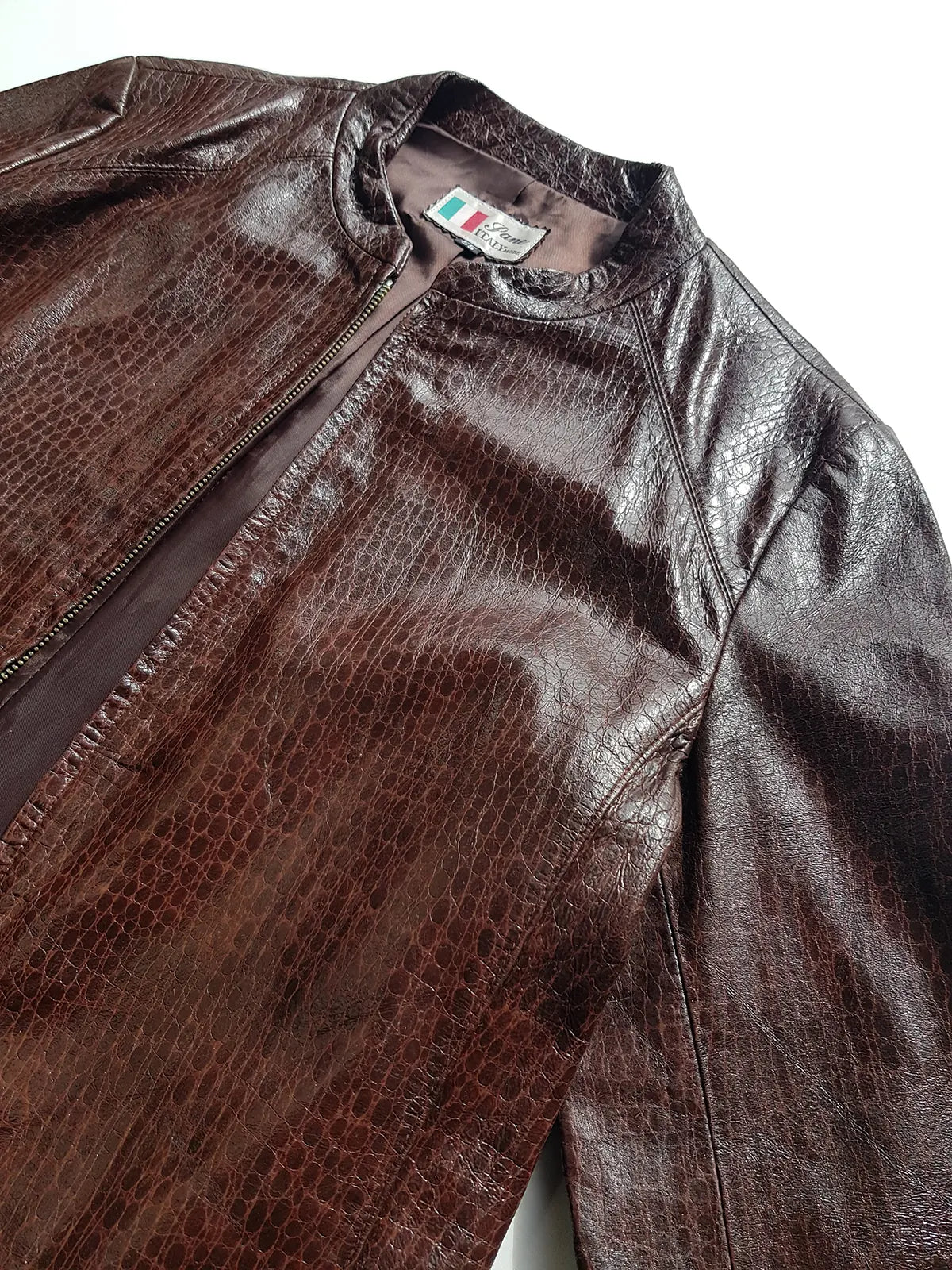 90s Vintage Italian 100% Genuine Leather Jacket -  Snakeskin print Rich Cognac Brown - zip front Motorcycle style with metal pop button collar