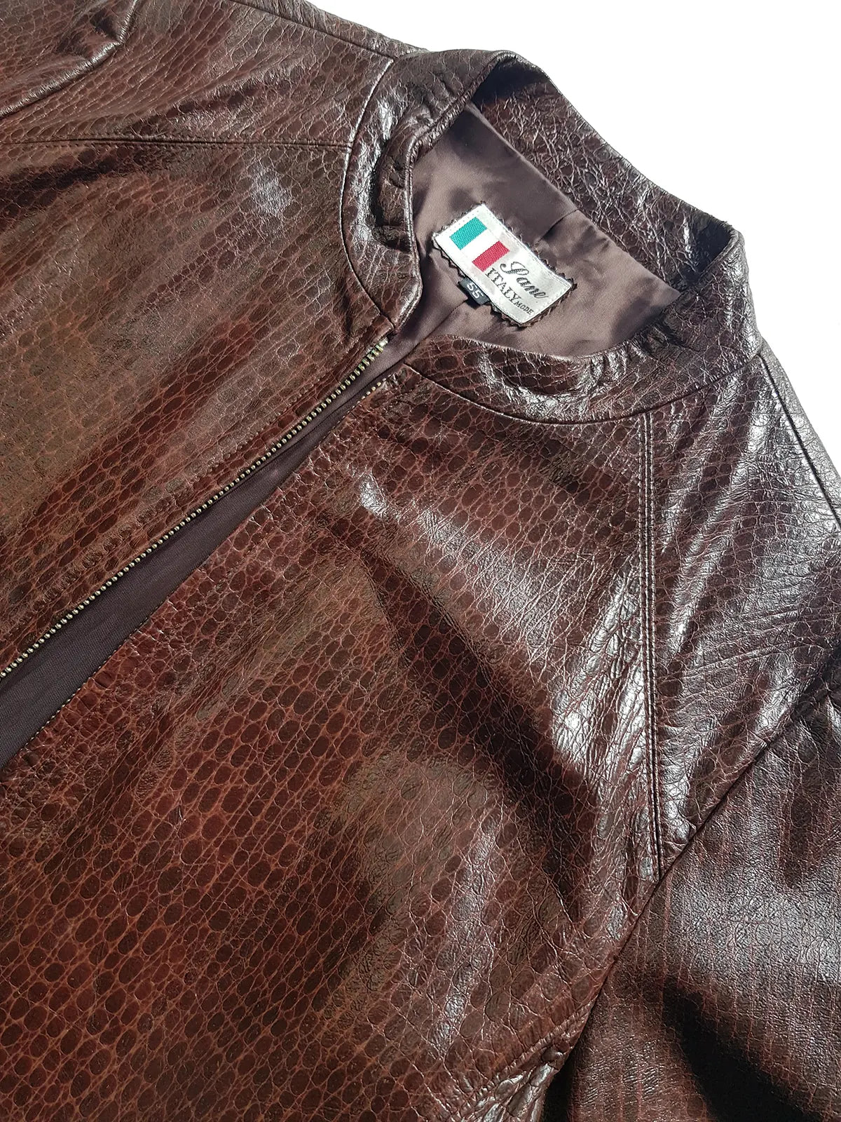90s Vintage Italian 100% Genuine Leather Jacket -  Snakeskin print Rich Cognac Brown - zip front Motorcycle style with metal pop button collar