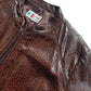 90s Vintage Italian 100% Genuine Leather Jacket -  Snakeskin print Rich Cognac Brown - zip front Motorcycle style with metal pop button collar