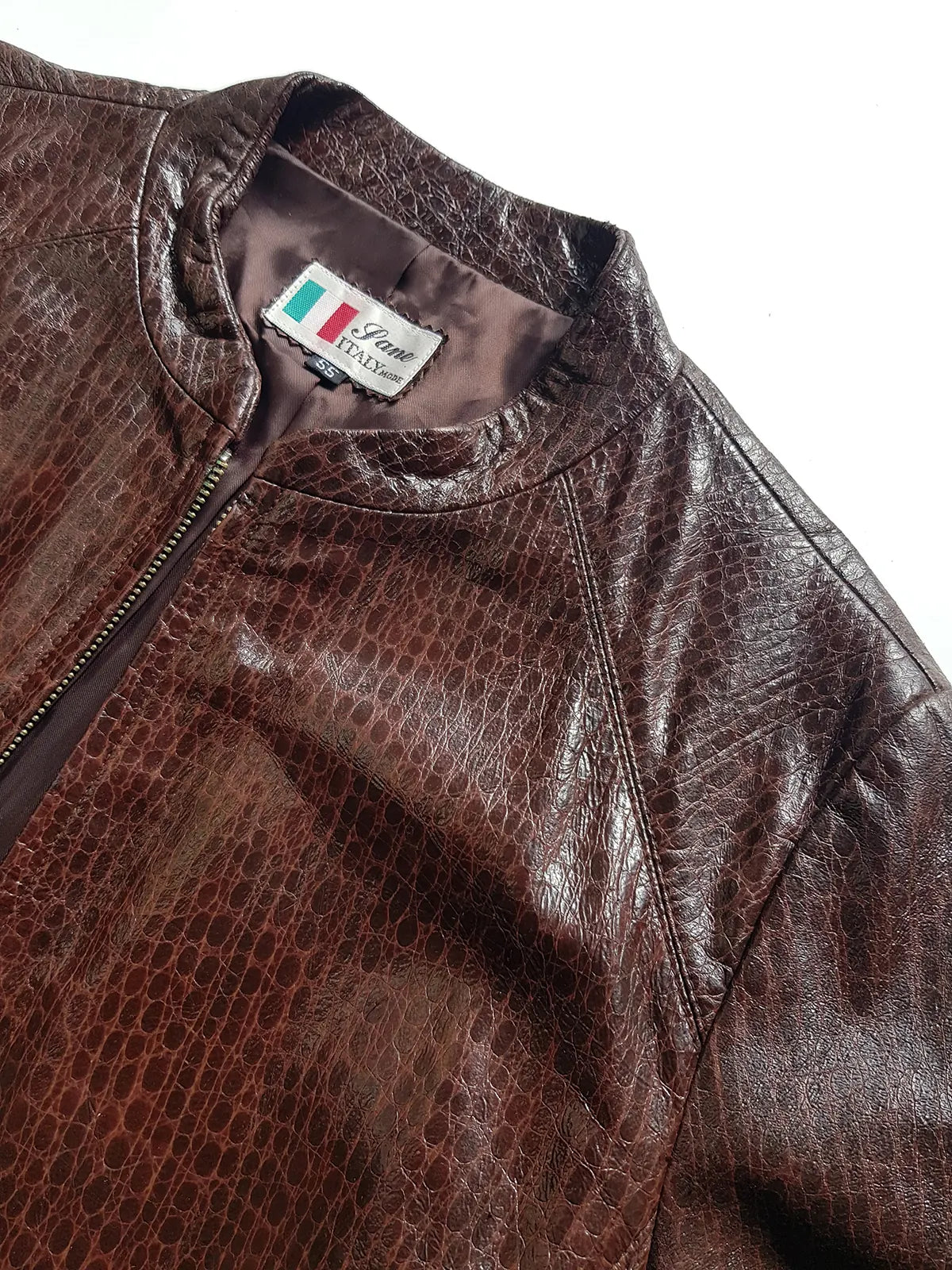 90s Vintage Italian 100% Genuine Leather Jacket -  Snakeskin print Rich Cognac Brown - zip front Motorcycle style with metal pop button collar
