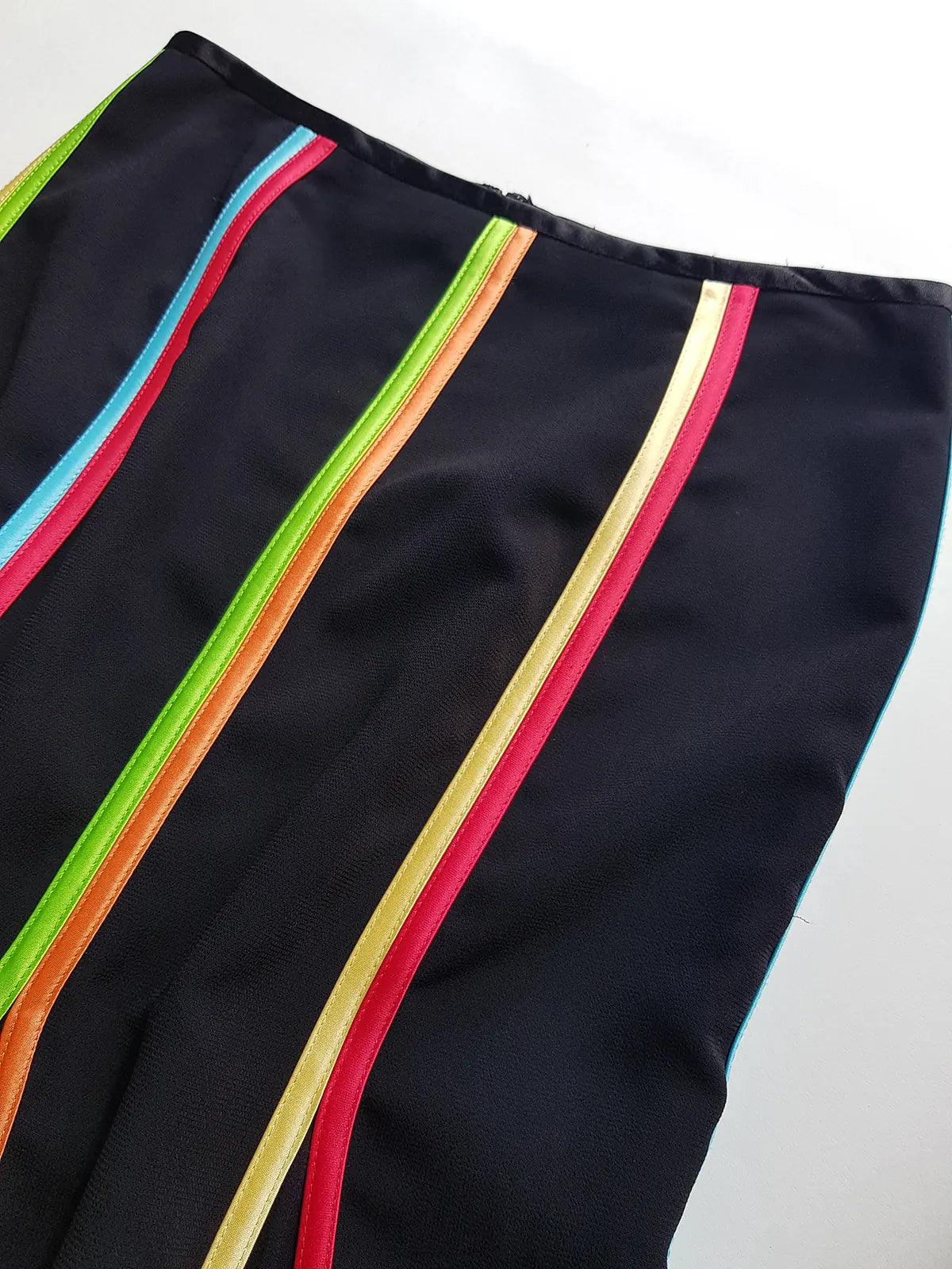 2000s Joseph Ribkoff Ribbon Skirt with gorgeous flare at the hem - rainbow panel ribbons