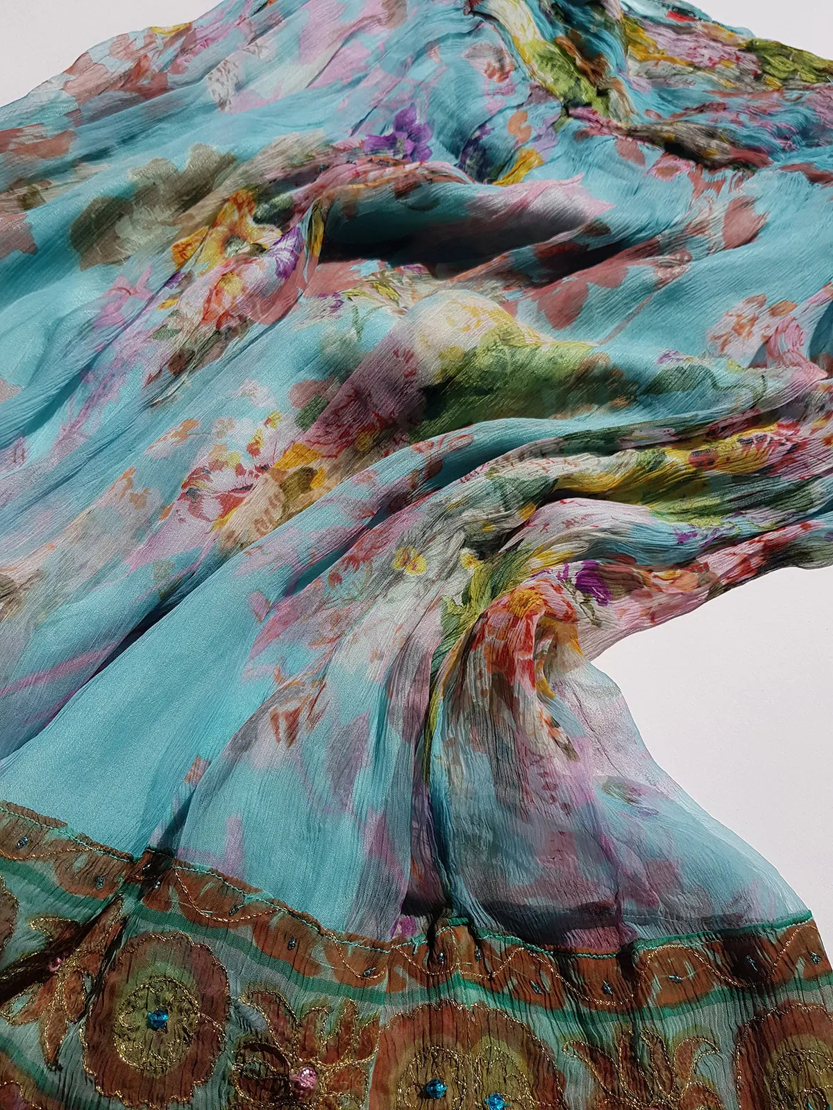 Vintage Designer Rene Derhy 2000s impressionist watercolour fairy dream skirt in blues pinks  & crinkle fabric with ornate hemline