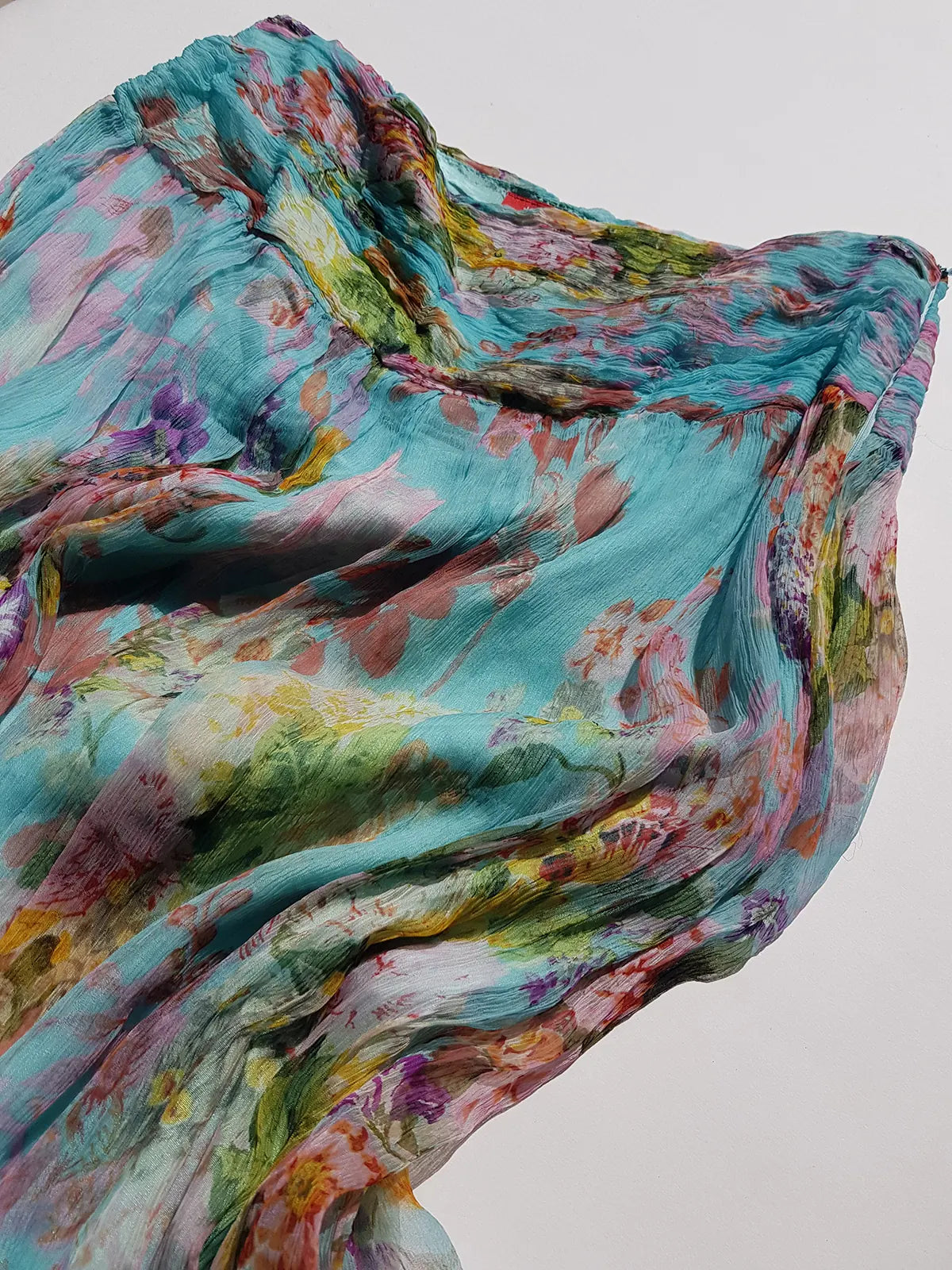 Vintage Designer Rene Derhy 2000s impressionist watercolour fairy dream skirt in blues pinks  & crinkle fabric with ornate hemline