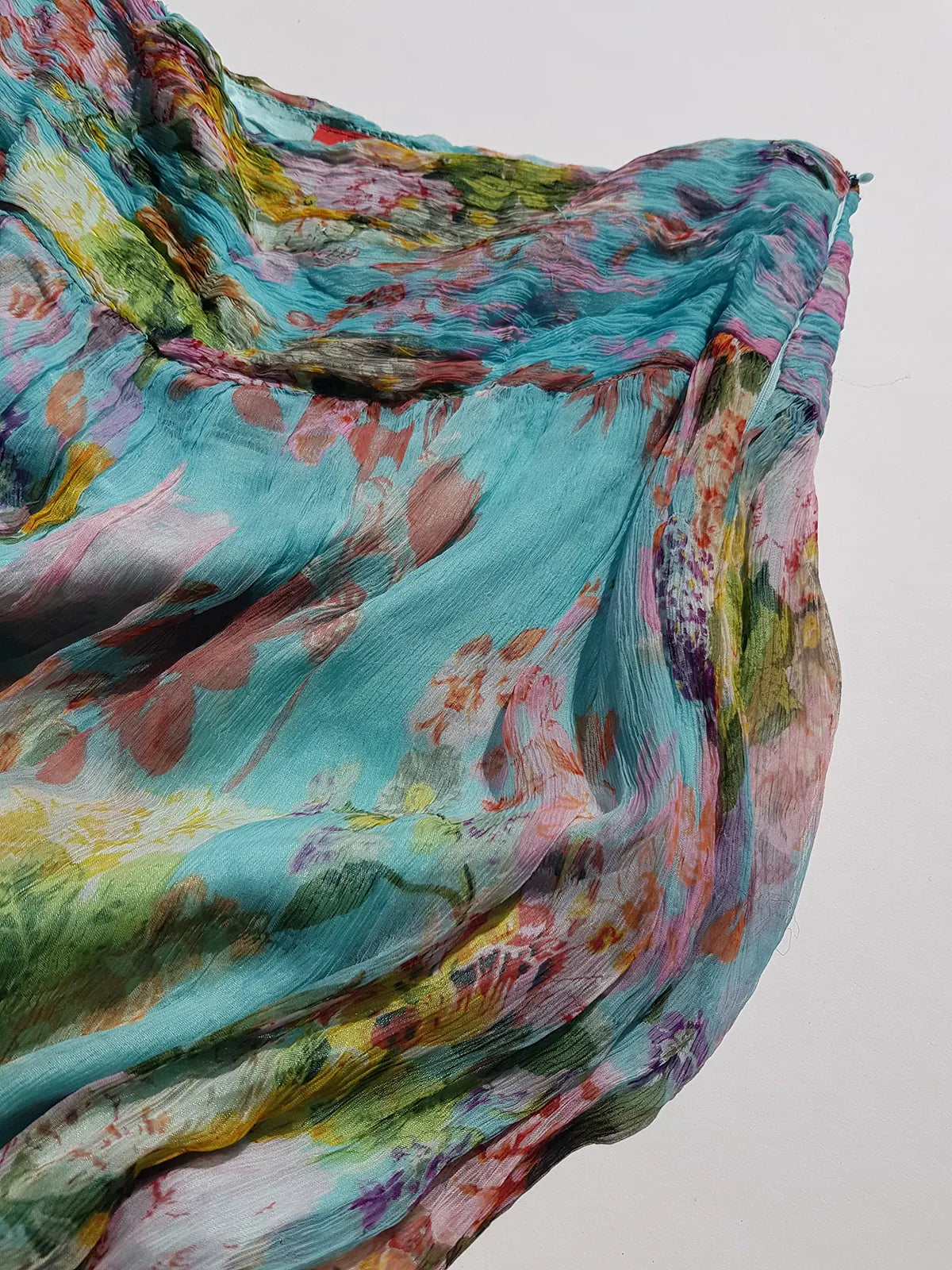 Vintage Designer Rene Derhy 2000s impressionist watercolour fairy dream skirt in blues pinks  & crinkle fabric with ornate hemline