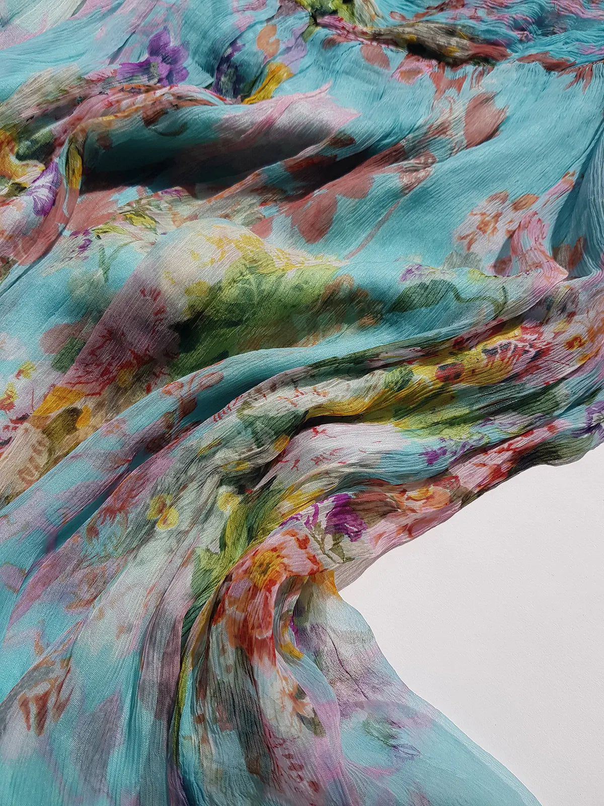 Vintage Designer Rene Derhy 2000s impressionist watercolour fairy dream skirt in blues pinks  & crinkle fabric with ornate hemline