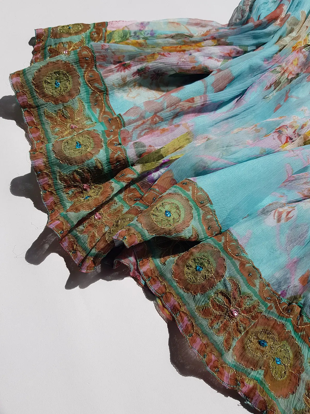 Vintage Designer Rene Derhy 2000s impressionist watercolour fairy dream skirt in blues pinks  & crinkle fabric with ornate hemline