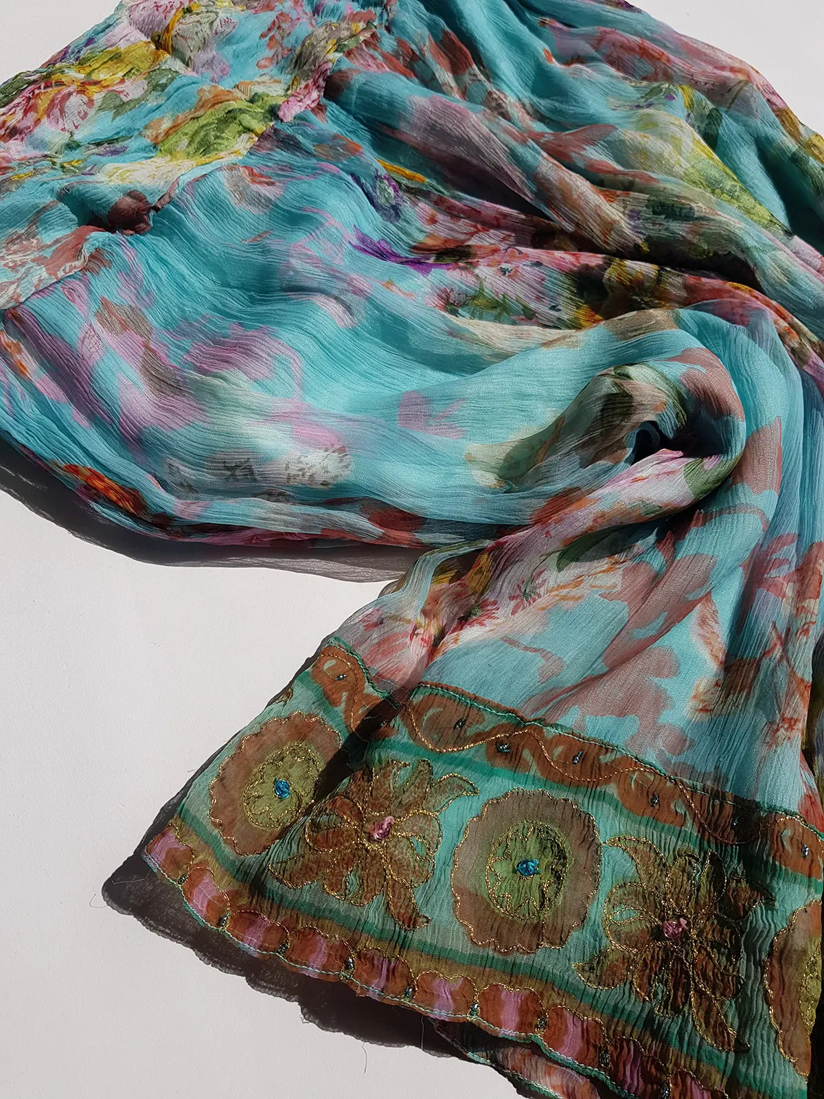 Vintage Designer Rene Derhy 2000s impressionist watercolour fairy dream skirt in blues pinks  & crinkle fabric with ornate hemline