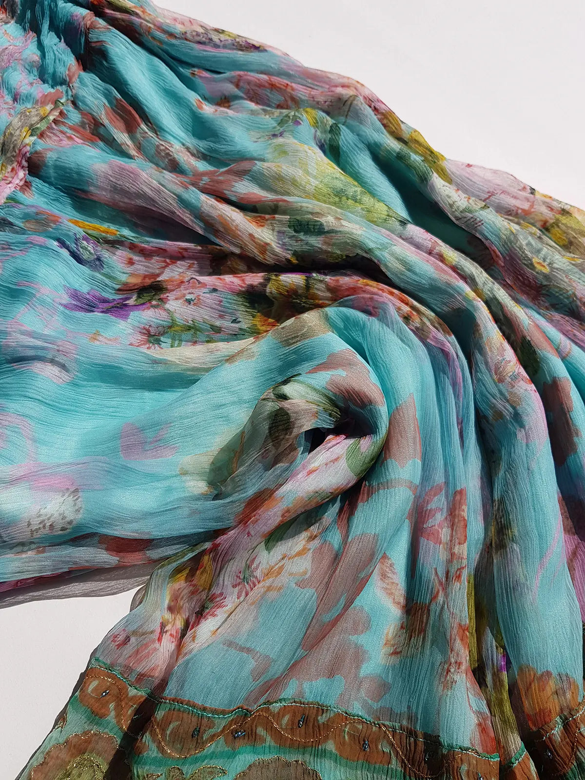 Vintage Designer Rene Derhy 2000s impressionist watercolour fairy dream skirt in blues pinks  & crinkle fabric with ornate hemline