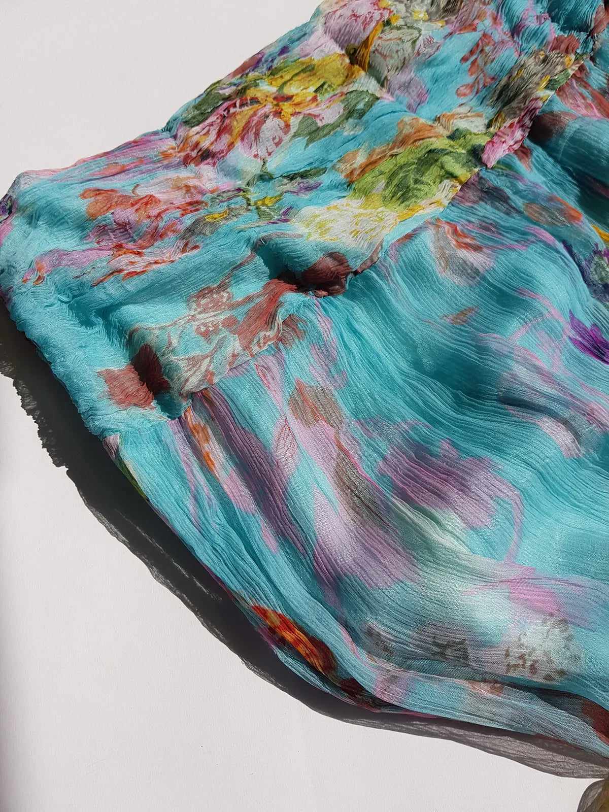 Vintage Designer Rene Derhy 2000s impressionist watercolour fairy dream skirt in blues pinks  & crinkle fabric with ornate hemline