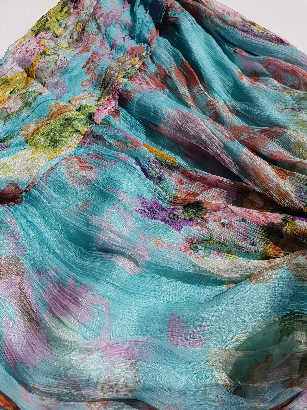 Vintage Designer Rene Derhy 2000s impressionist watercolour fairy dream skirt in blues pinks  & crinkle fabric with ornate hemline