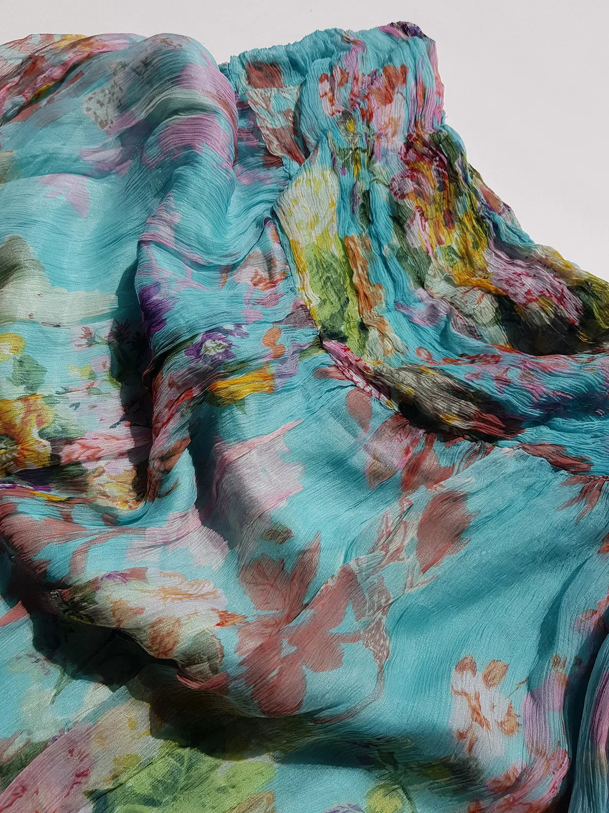 Vintage Designer Rene Derhy 2000s impressionist watercolour fairy dream skirt in blues pinks  & crinkle fabric with ornate hemline