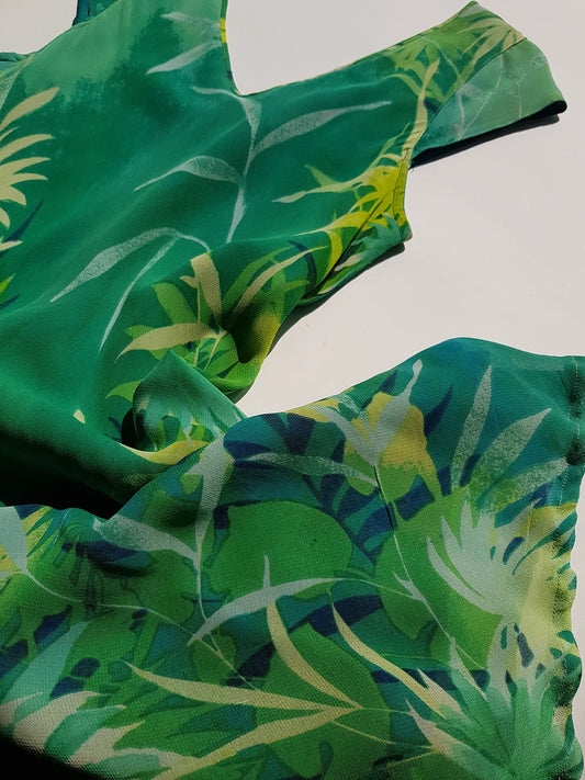 Rene Derhy Designer 90s Vintage Incredible Ruffled Green Dress in Tropical Print - Wrap look - very light and flowy