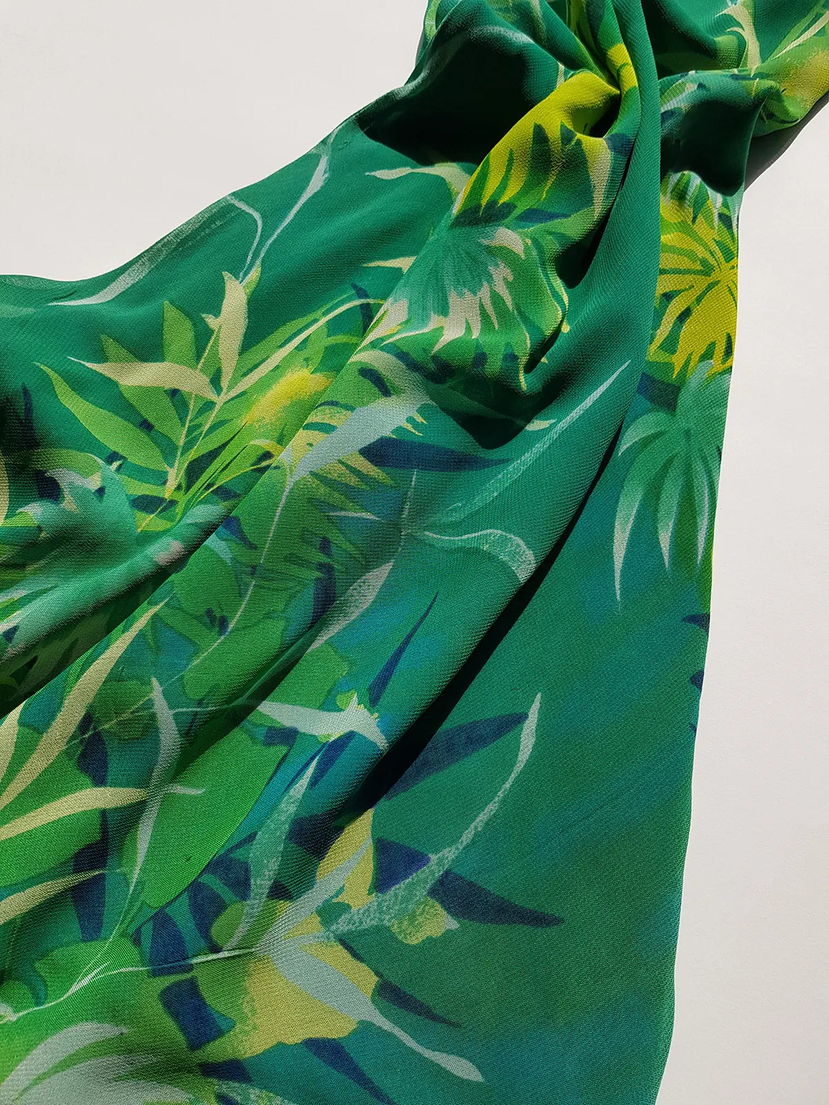 Rene Derhy Designer 90s Vintage Incredible Ruffled Green Dress in Tropical Print - Wrap look - very light and flowy