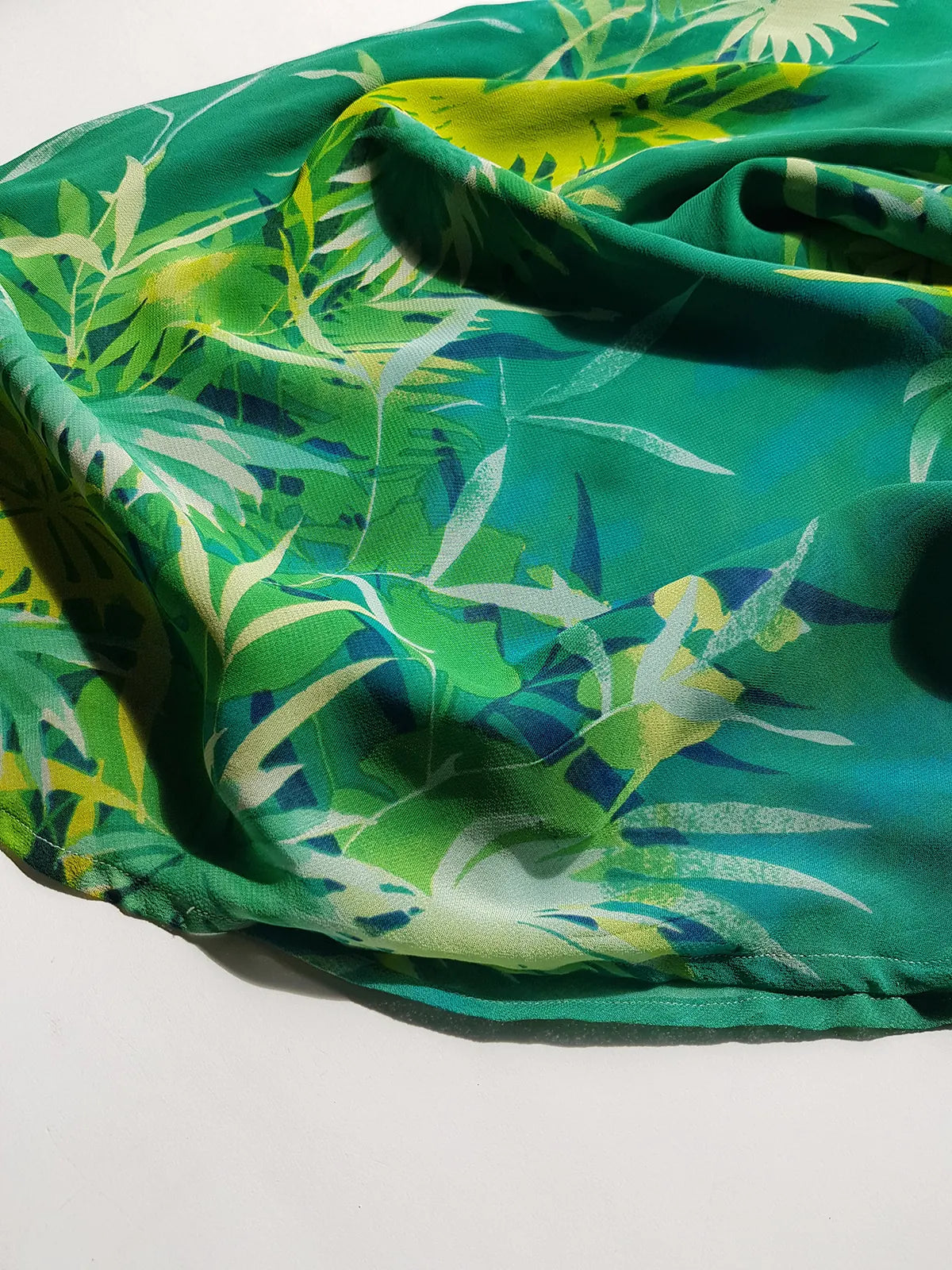 Rene Derhy Designer 90s Vintage Incredible Ruffled Green Dress in Tropical Print - Wrap look - very light and flowy