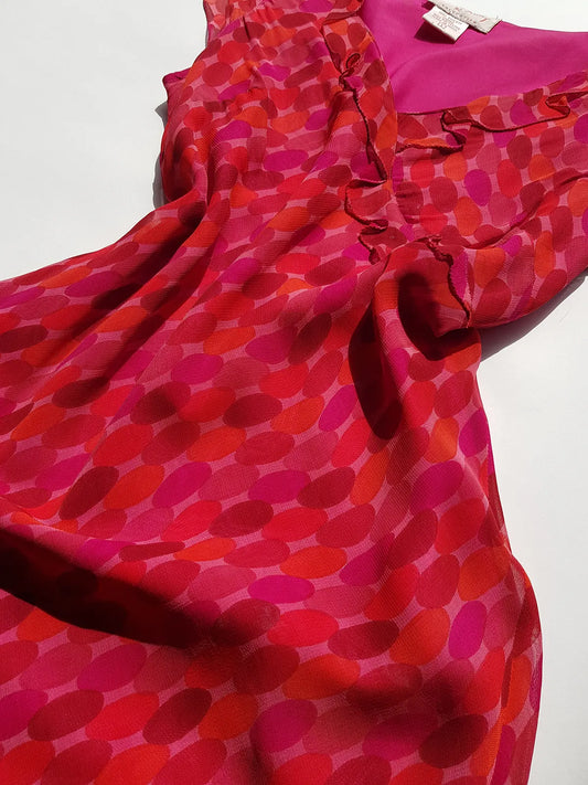 Rene Derhy Designer 90s Incredible Ruffled Bust Vintage Pink & Red Dress - Wrap Look - very light and flowy