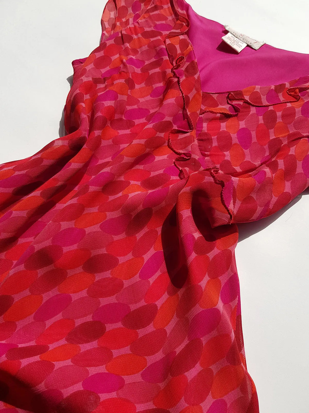 Rene Derhy Designer 90s Incredible Ruffled Bust Vintage Pink & Red Dress - Wrap Look - very light and flowy