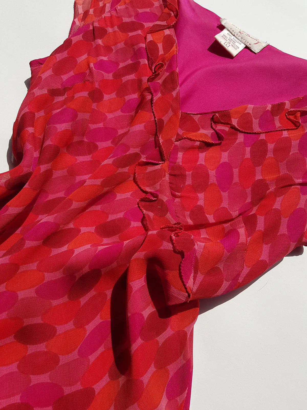 Rene Derhy Designer 90s Incredible Ruffled Bust Vintage Pink & Red Dress - Wrap Look - very light and flowy