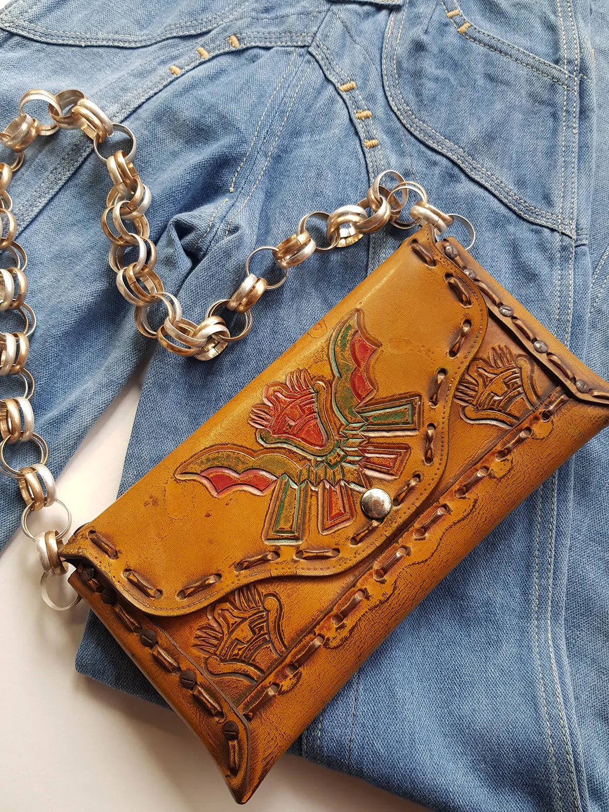 1940s Vintage Mayan Hand Tooled & Hand Painted 100% Genuine Leather Tribal Statement Bag