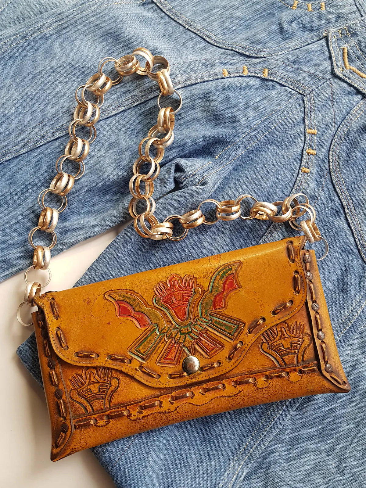 1940s Vintage Mayan Hand Tooled & Hand Painted 100% Genuine Leather Tribal Statement Bag