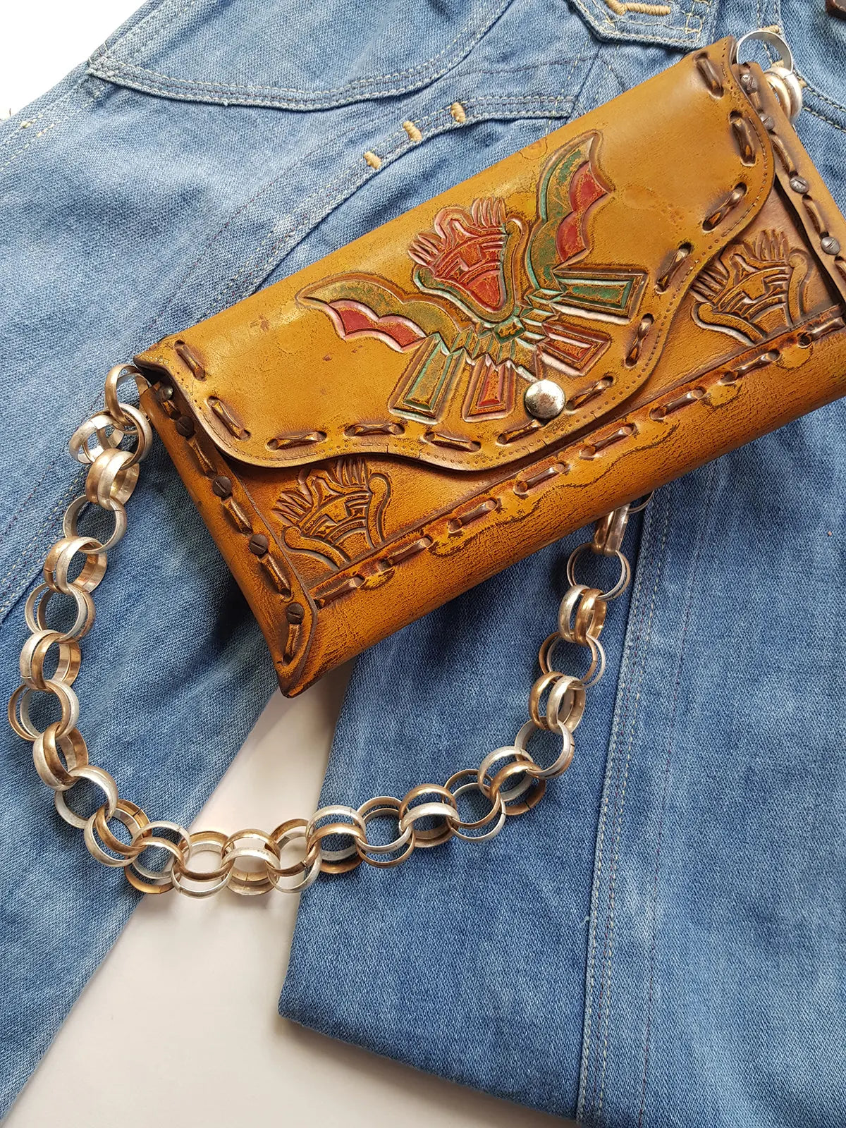 1940s Vintage Mayan Hand Tooled & Hand Painted 100% Genuine Leather Tribal Statement Bag