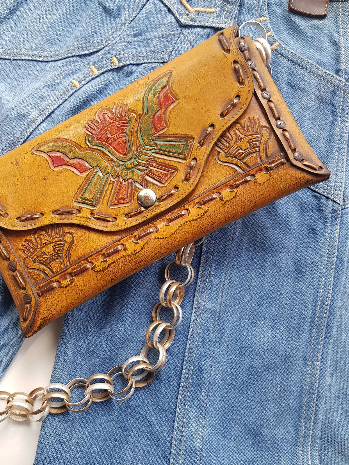 1940s Vintage Mayan Hand Tooled & Hand Painted 100% Genuine Leather Tribal Statement Bag