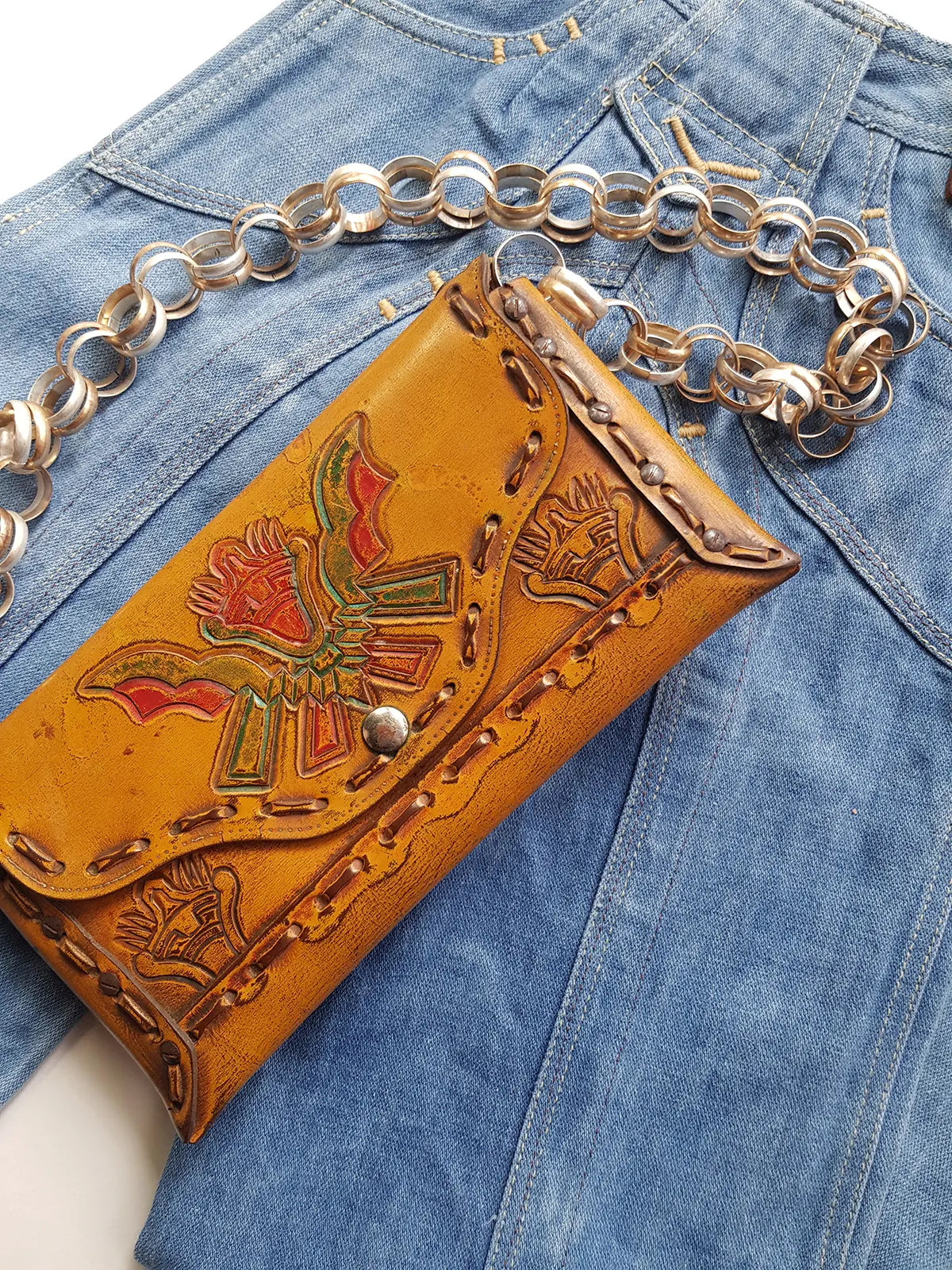 1940s Vintage Mayan Hand Tooled & Hand Painted 100% Genuine Leather Tribal Statement Bag