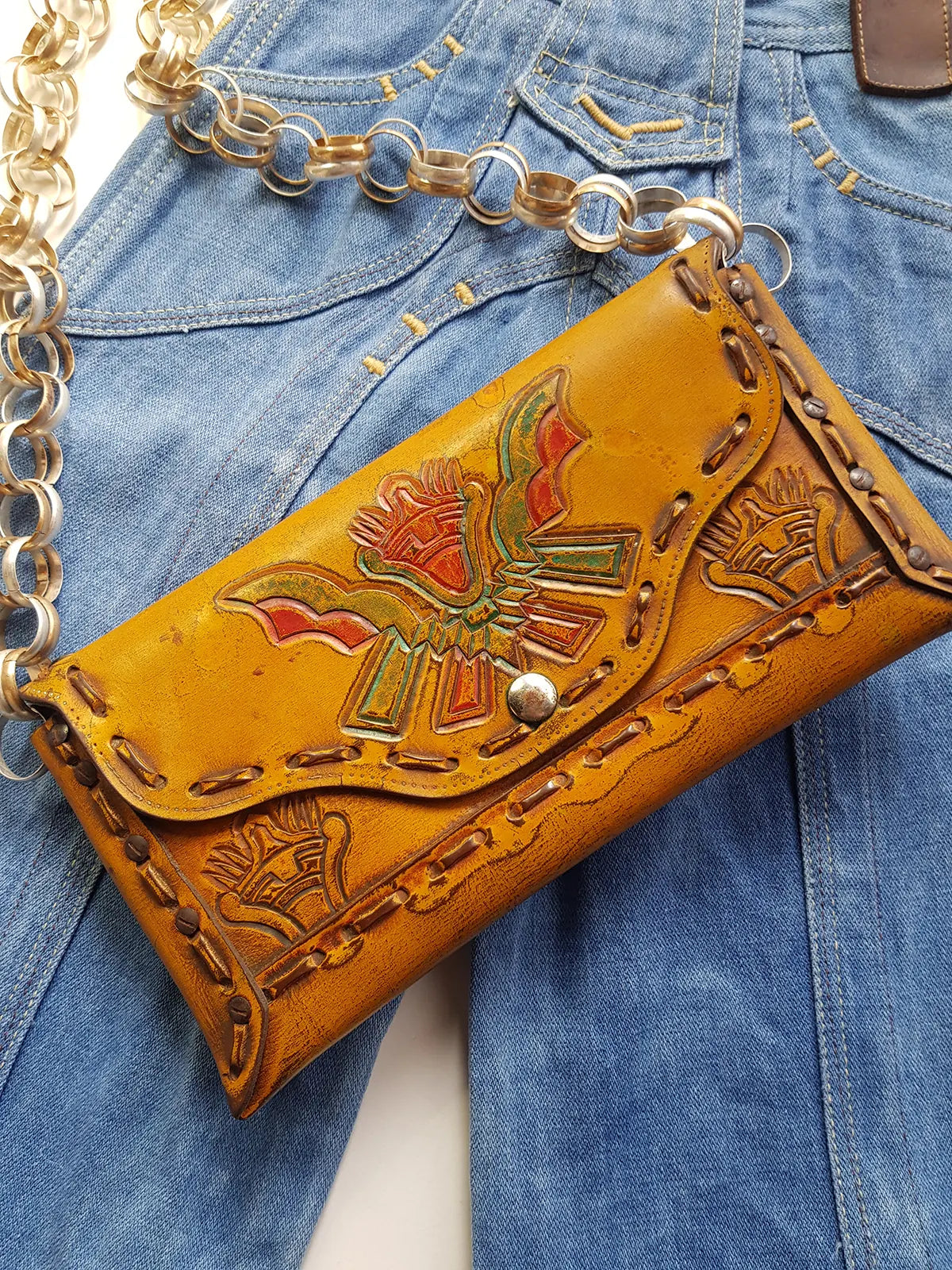 1940s Vintage Mayan Hand Tooled & Hand Painted 100% Genuine Leather Tribal Statement Bag