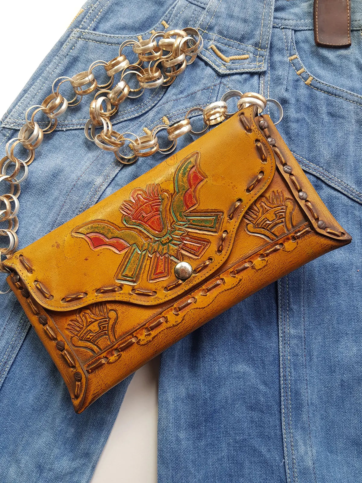1940s Vintage Mayan Hand Tooled & Hand Painted 100% Genuine Leather Tribal Statement Bag