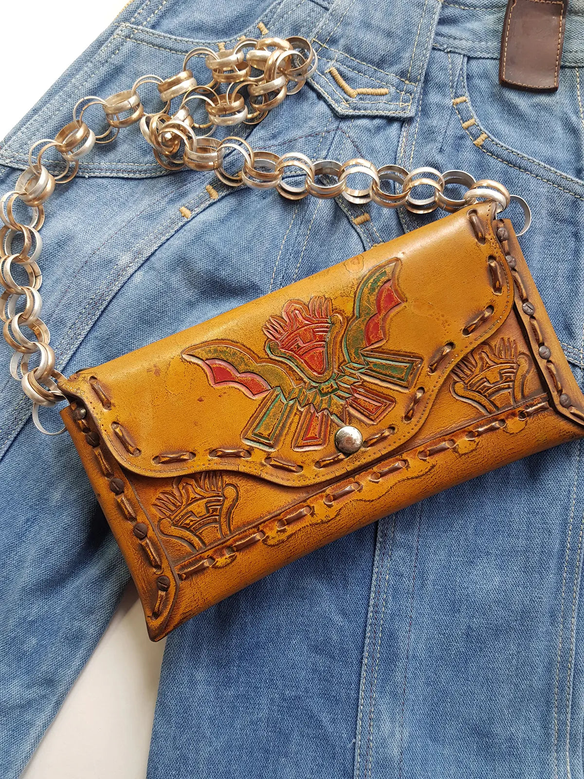 1940s Vintage Mayan Hand Tooled & Hand Painted 100% Genuine Leather Tribal Statement Bag