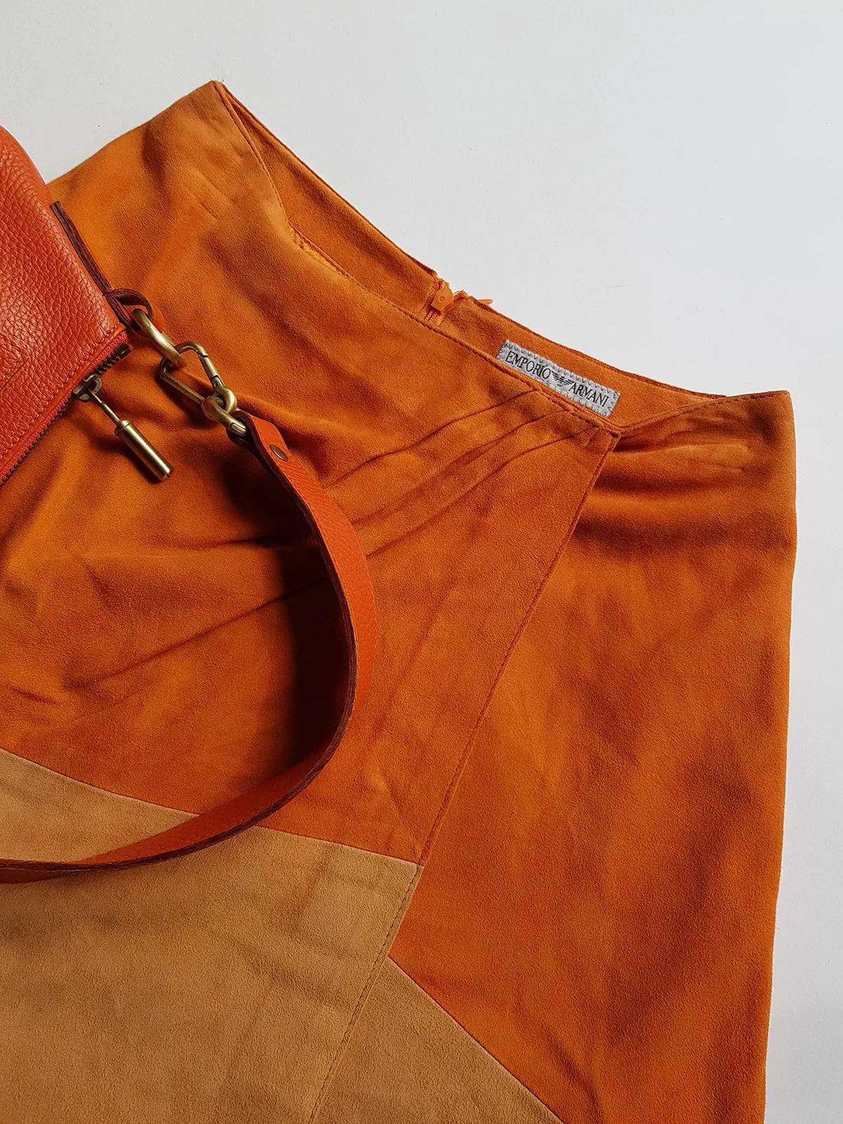 Emporio Armani Tangerine Mini Suit Set - 100% Buttery Soft Suede Leather - Structured & Tailored Two Piece - Jacket & Mini Skirt - Absolute Knockout for Summer / Autumn