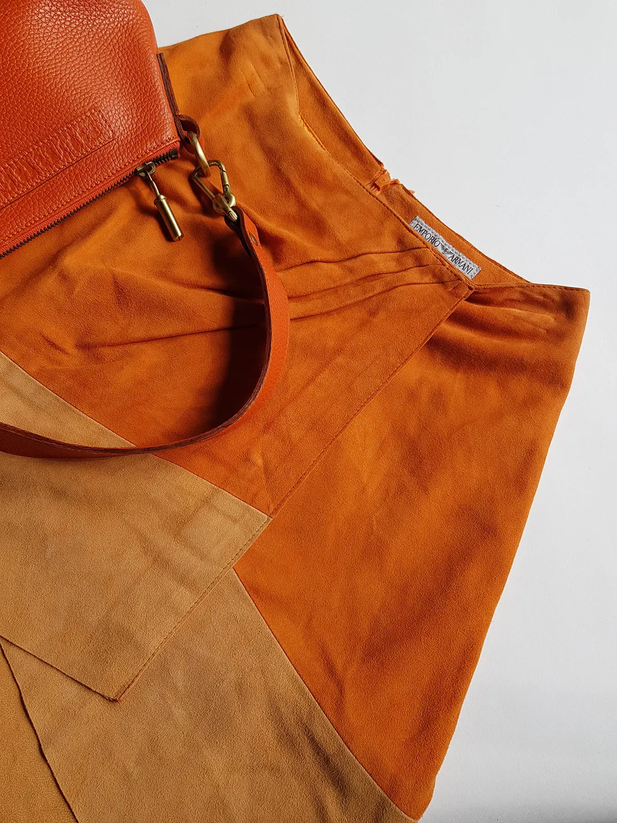 Emporio Armani Tangerine Mini Suit Set - 100% Buttery Soft Suede Leather - Structured & Tailored Two Piece - Jacket & Mini Skirt - Absolute Knockout for Summer / Autumn