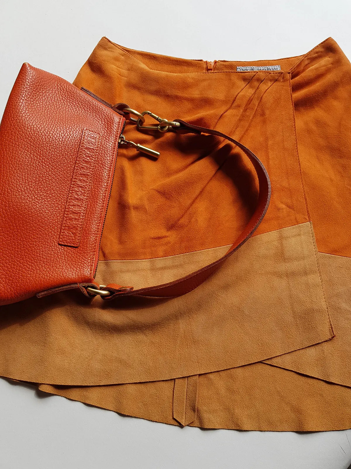 Emporio Armani Tangerine Mini Suit Set - 100% Buttery Soft Suede Leather - Structured & Tailored Two Piece - Jacket & Mini Skirt - Absolute Knockout for Summer / Autumn