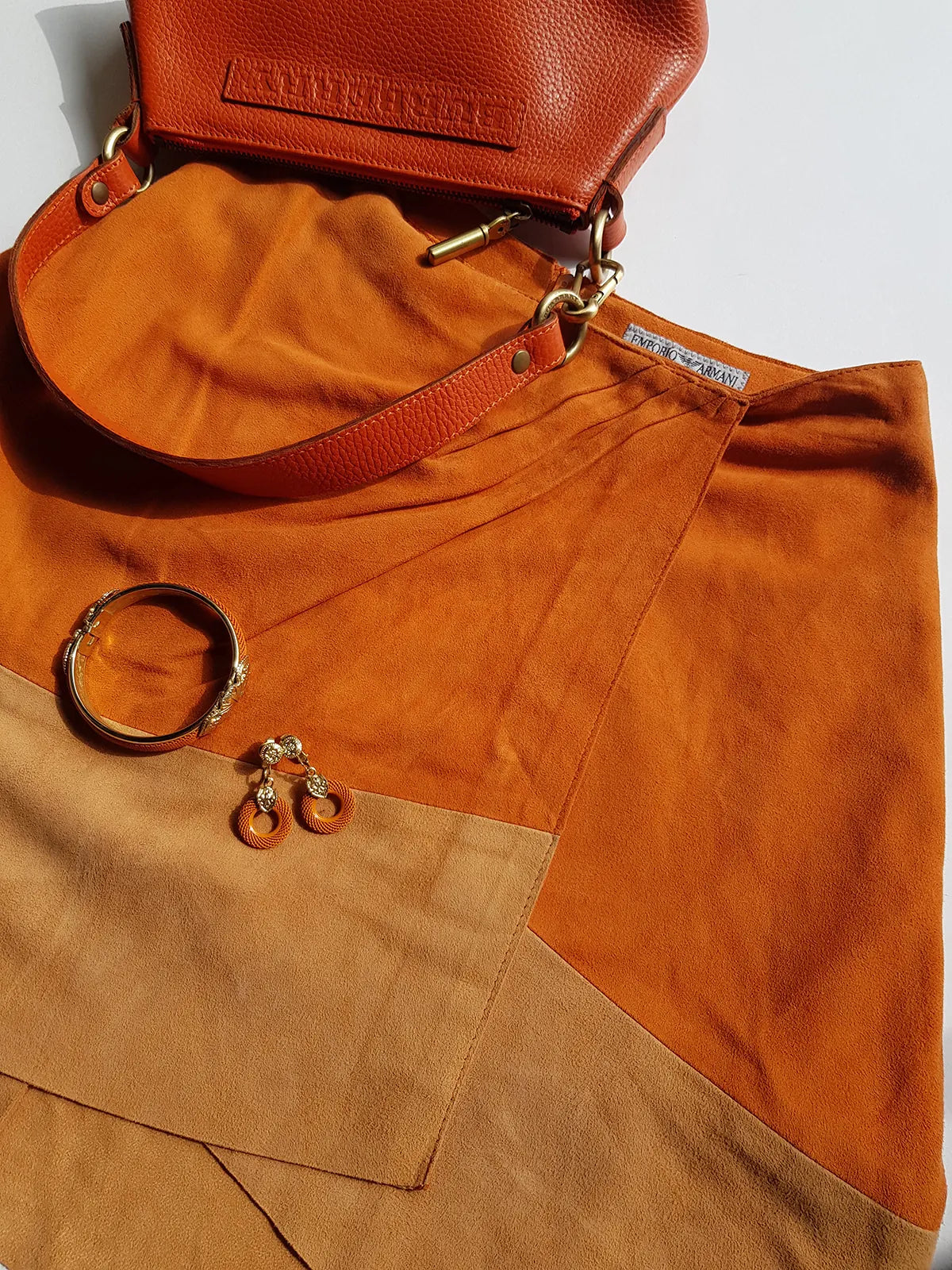Emporio Armani Tangerine Mini Suit Set - 100% Buttery Soft Suede Leather - Structured & Tailored Two Piece - Jacket & Mini Skirt - Absolute Knockout for Summer / Autumn