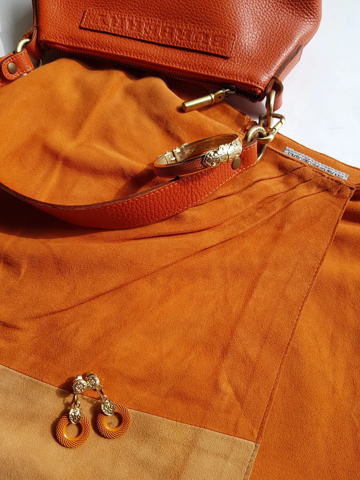 Emporio Armani Tangerine Mini Suit Set - 100% Buttery Soft Suede Leather - Structured & Tailored Two Piece - Jacket & Mini Skirt - Absolute Knockout for Summer / Autumn