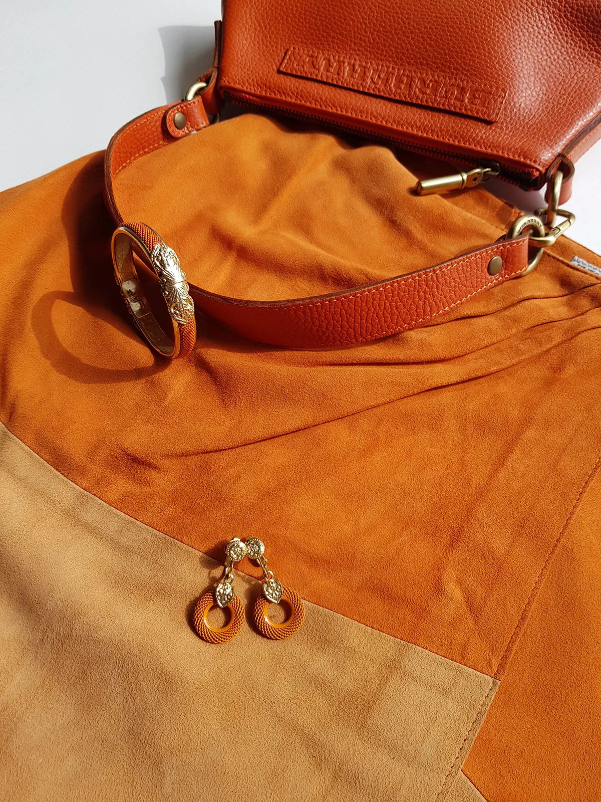 Emporio Armani Tangerine Mini Suit Set - 100% Buttery Soft Suede Leather - Structured & Tailored Two Piece - Jacket & Mini Skirt - Absolute Knockout for Summer / Autumn
