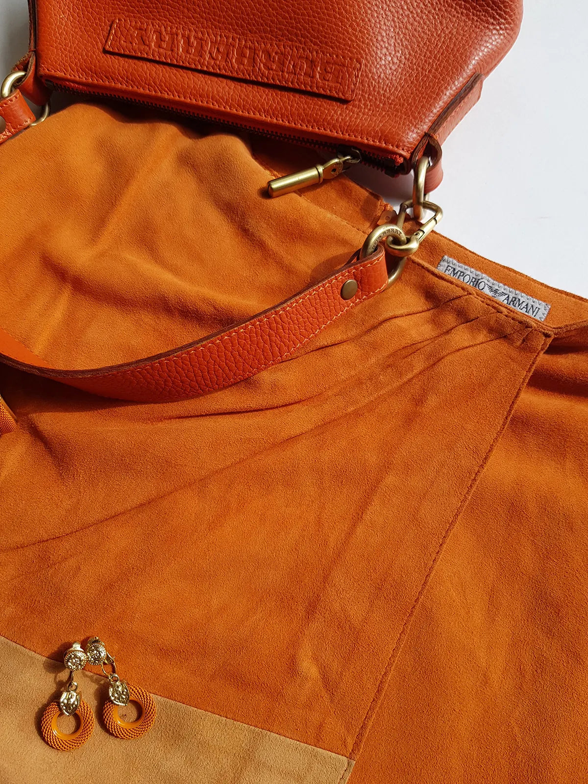 Emporio Armani Tangerine Mini Suit Set - 100% Buttery Soft Suede Leather - Structured & Tailored Two Piece - Jacket & Mini Skirt - Absolute Knockout for Summer / Autumn