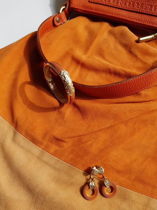 1970s Designer - Stamped - Whiting & Davis - Burnt Sunset Orange & Gold - Iconic Metal Mesh Bracelet