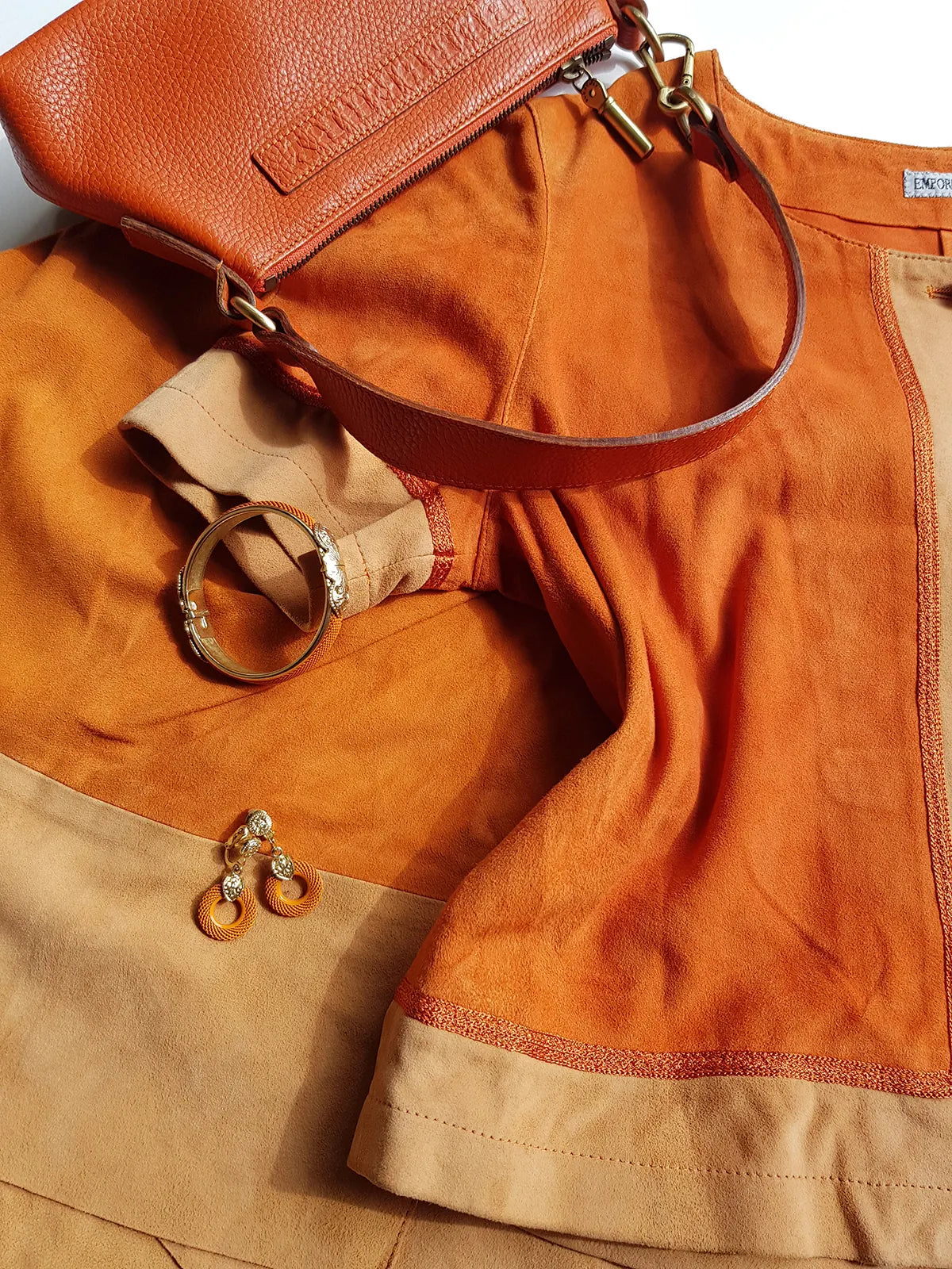 Emporio Armani Tangerine Mini Suit Set - 100% Buttery Soft Suede Leather - Structured & Tailored Two Piece - Jacket & Mini Skirt - Absolute Knockout for Summer / Autumn