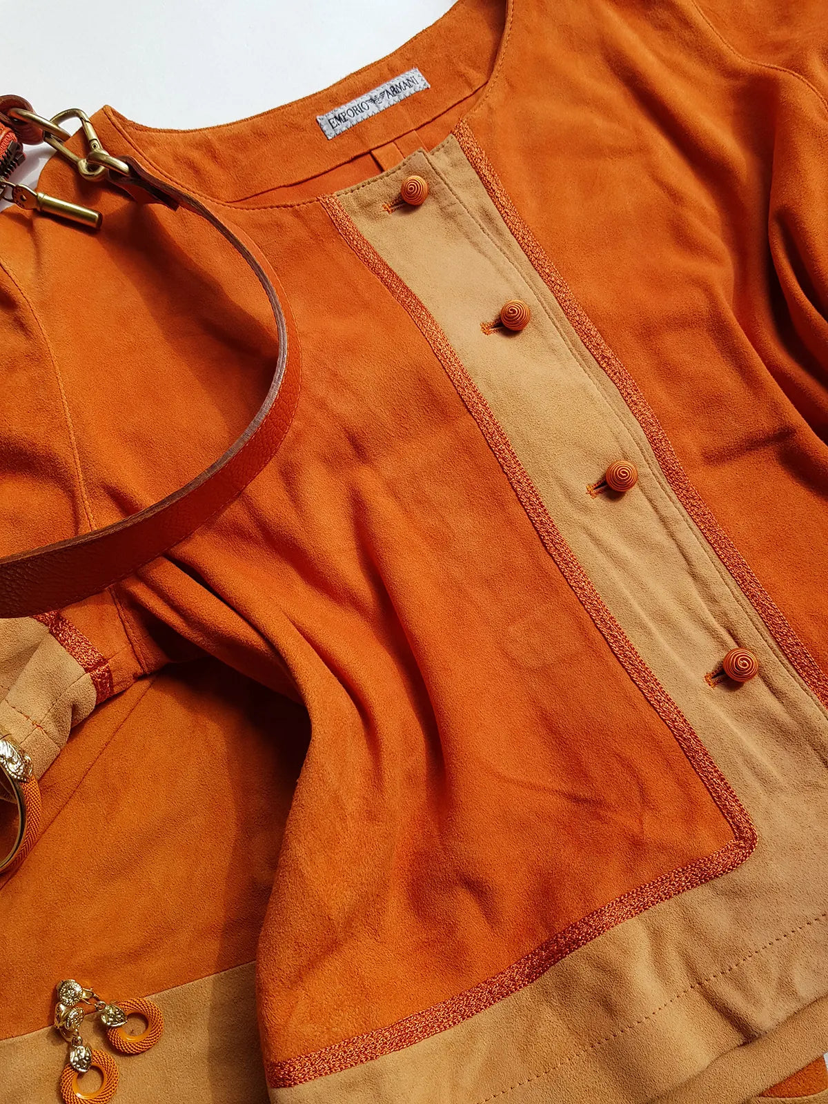 Emporio Armani Tangerine Mini Suit Set - 100% Buttery Soft Suede Leather - Structured & Tailored Two Piece - Jacket & Mini Skirt - Absolute Knockout for Summer / Autumn