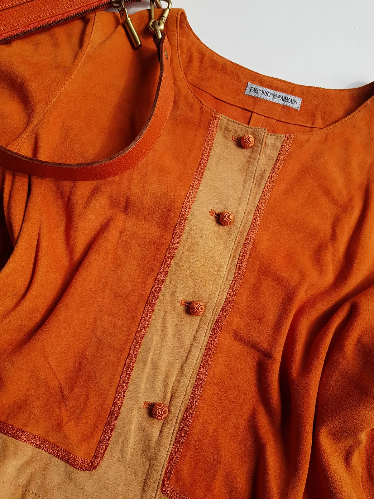 Emporio Armani Tangerine Mini Suit Set - 100% Buttery Soft Suede Leather - Structured & Tailored Two Piece - Jacket & Mini Skirt - Absolute Knockout for Summer / Autumn