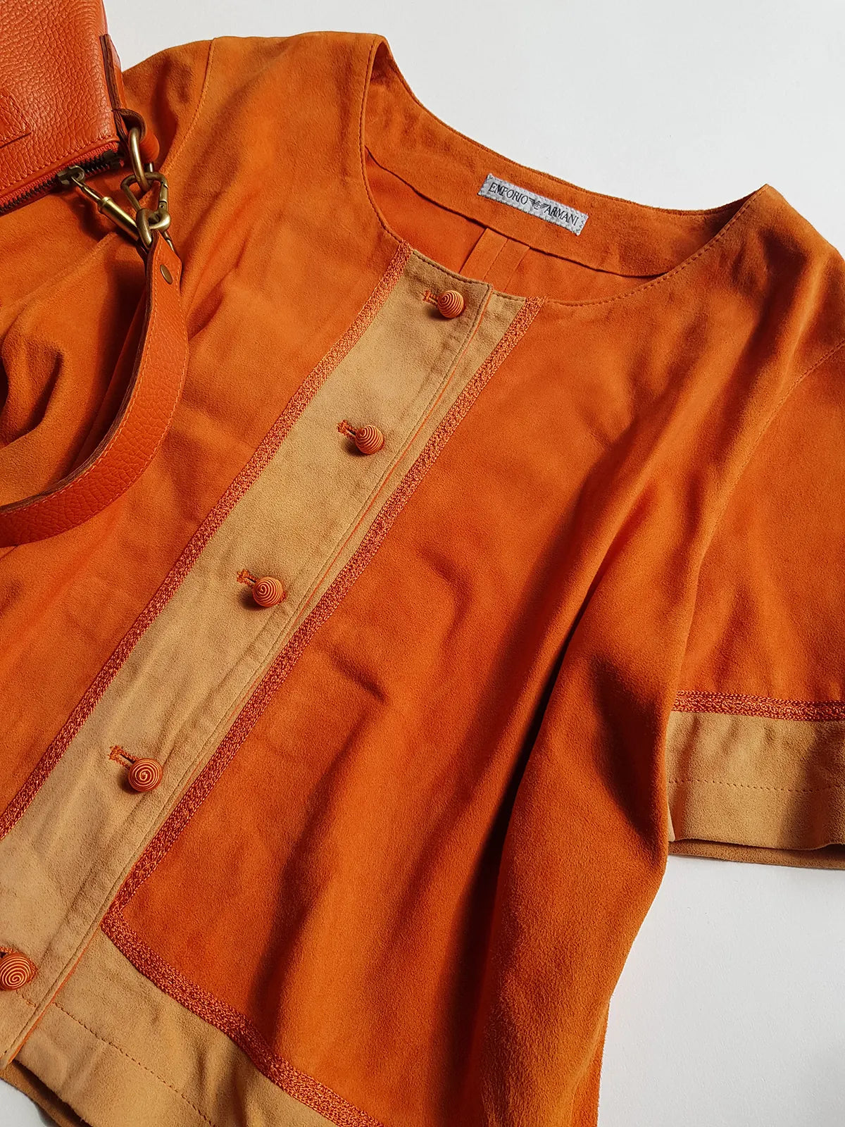 Emporio Armani Tangerine Mini Suit Set - 100% Buttery Soft Suede Leather - Structured & Tailored Two Piece - Jacket & Mini Skirt - Absolute Knockout for Summer / Autumn