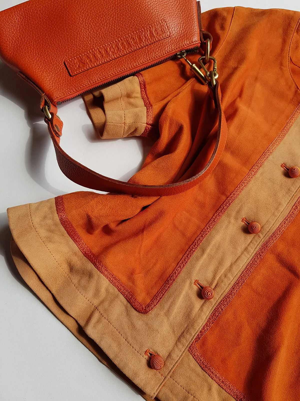 Emporio Armani Tangerine Mini Suit Set - 100% Buttery Soft Suede Leather - Structured & Tailored Two Piece - Jacket & Mini Skirt - Absolute Knockout for Summer / Autumn