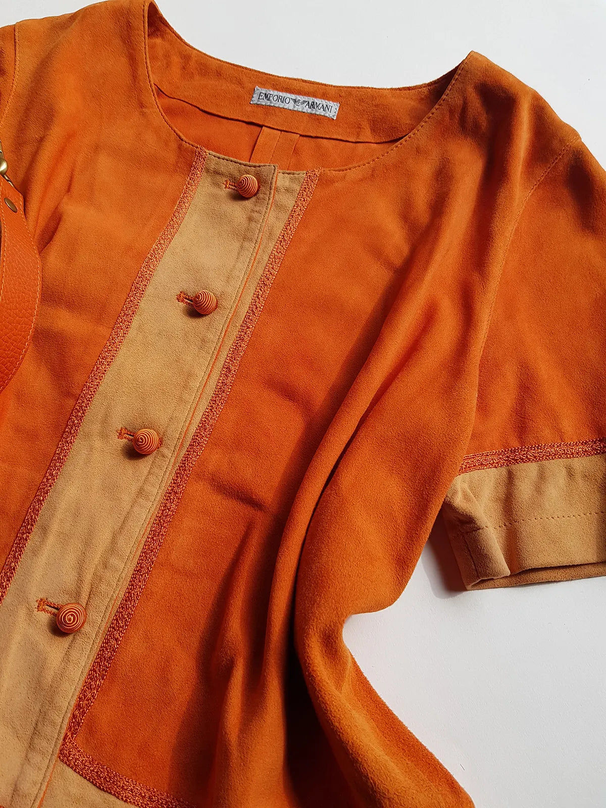 Emporio Armani Tangerine Mini Suit Set - 100% Buttery Soft Suede Leather - Structured & Tailored Two Piece - Jacket & Mini Skirt - Absolute Knockout for Summer / Autumn