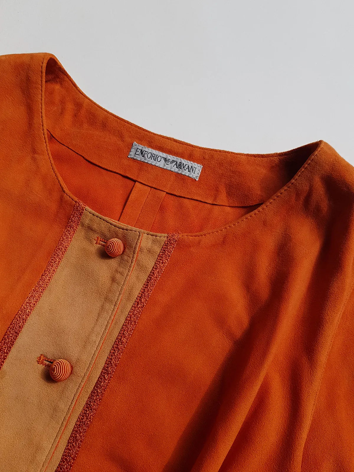 Emporio Armani Tangerine Mini Suit Set - 100% Buttery Soft Suede Leather - Structured & Tailored Two Piece - Jacket & Mini Skirt - Absolute Knockout for Summer / Autumn