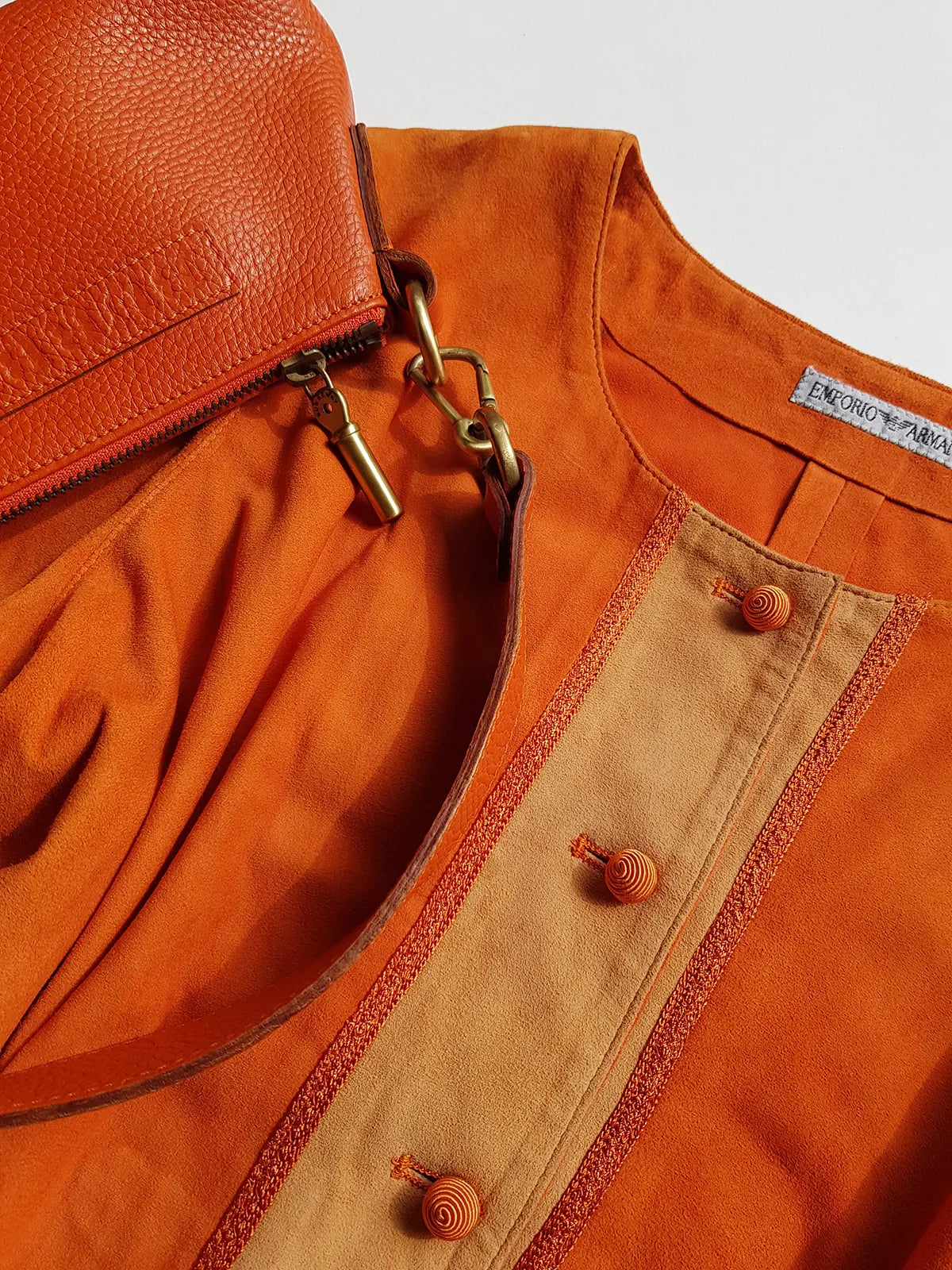 Emporio Armani Tangerine Mini Suit Set - 100% Buttery Soft Suede Leather - Structured & Tailored Two Piece - Jacket & Mini Skirt - Absolute Knockout for Summer / Autumn