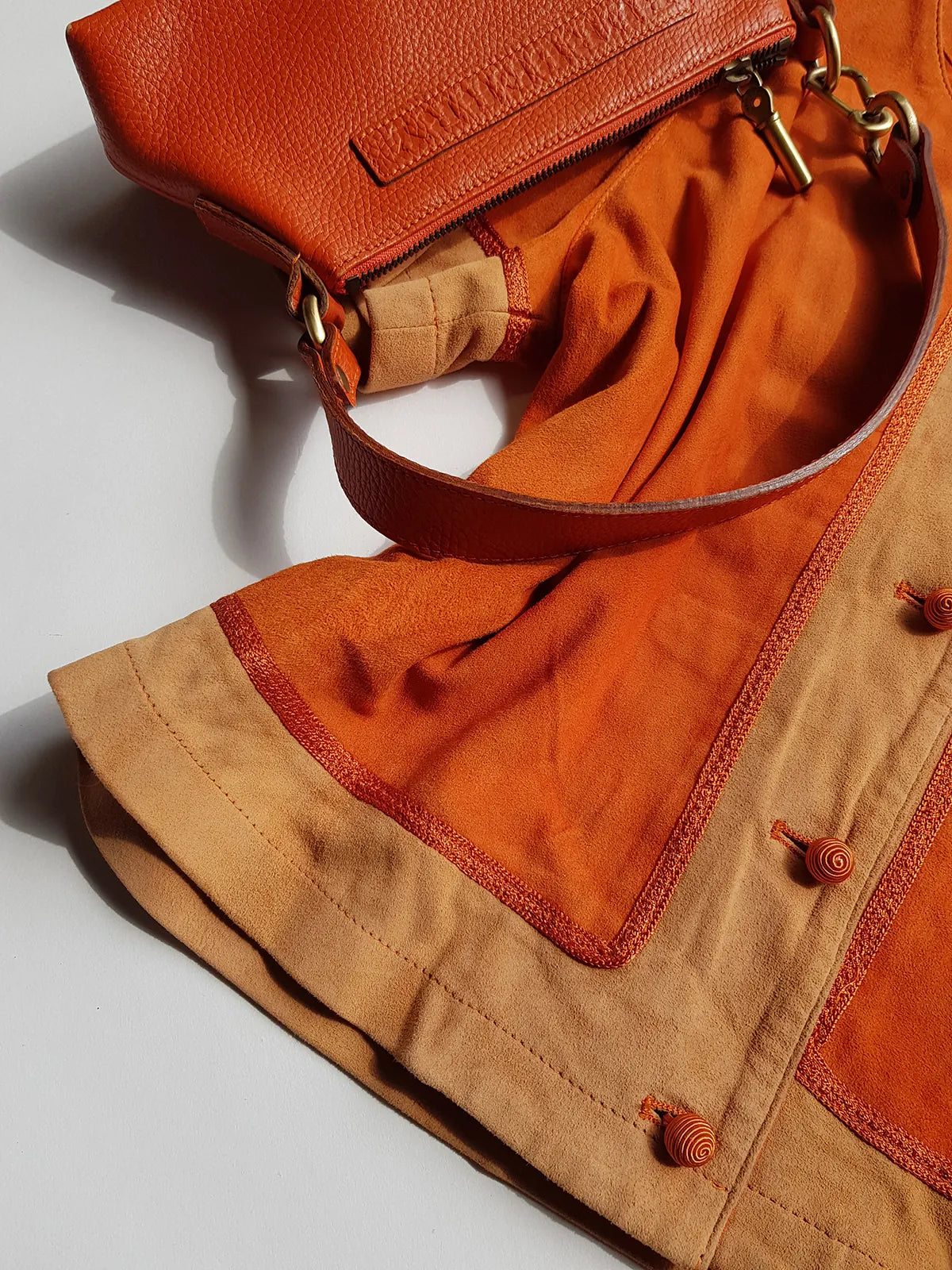 Emporio Armani Tangerine Mini Suit Set - 100% Buttery Soft Suede Leather - Structured & Tailored Two Piece - Jacket & Mini Skirt - Absolute Knockout for Summer / Autumn