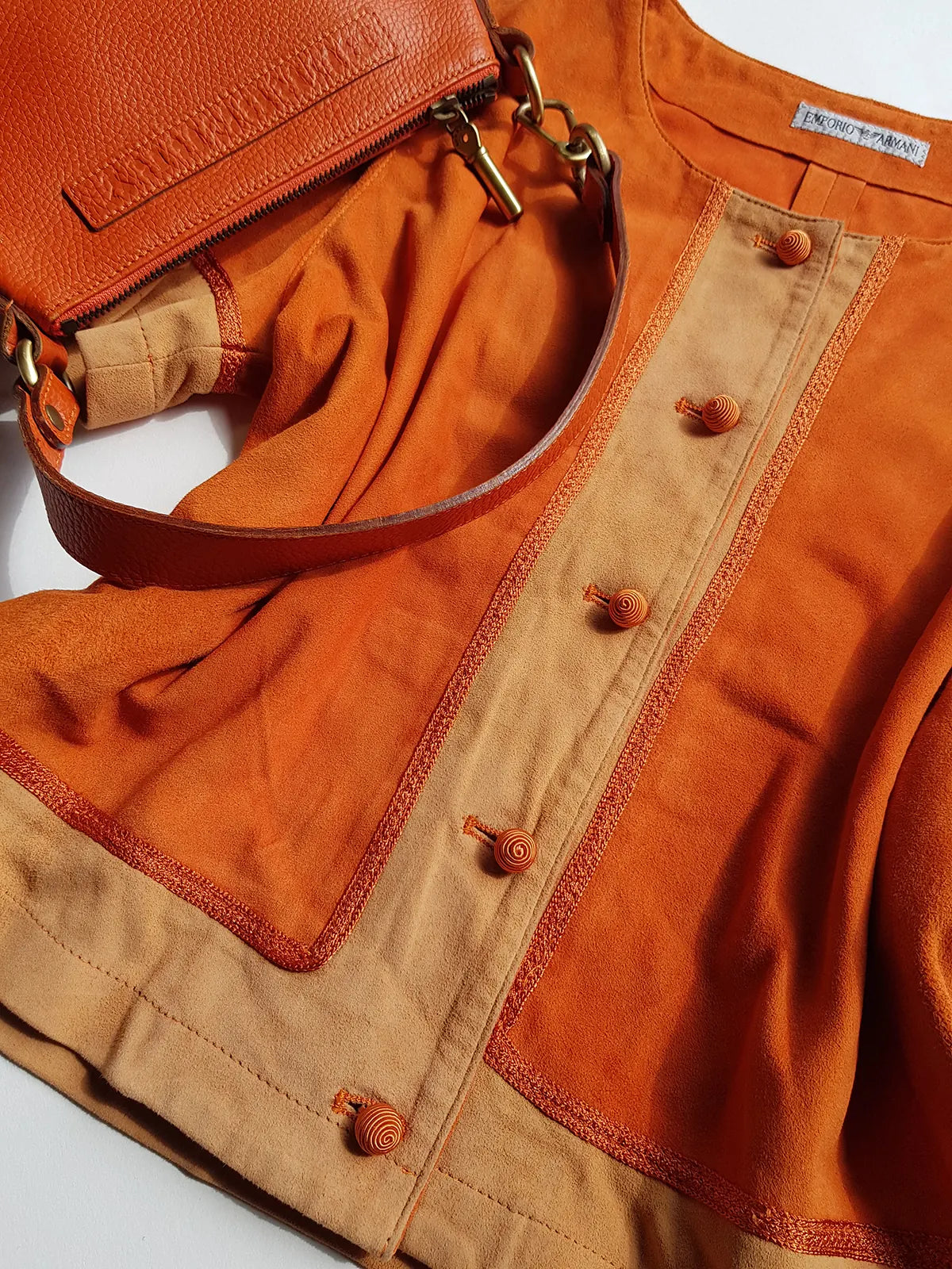 Emporio Armani Tangerine Mini Suit Set - 100% Buttery Soft Suede Leather - Structured & Tailored Two Piece - Jacket & Mini Skirt - Absolute Knockout for Summer / Autumn